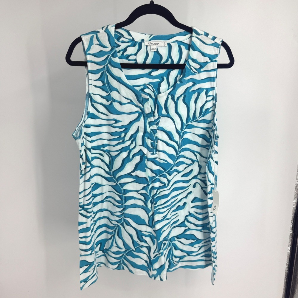 Chicos Blue White Tropical Leaf Pima Cotton Tank Top Split Neck Size 3 XL NWT